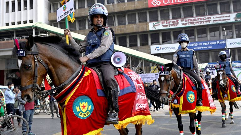 Mounted police on patrol during the national election in Dhaka, Bangladesh. Pic: Reuters