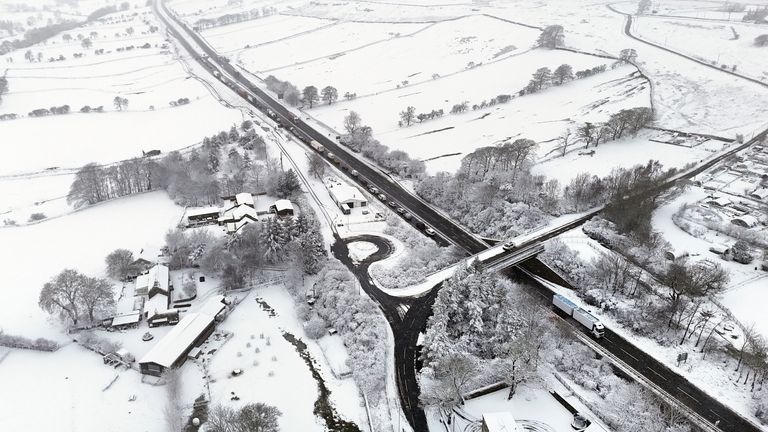 The A66 at Bowes in County Durham was blanked with snow this morning. Pic: PA