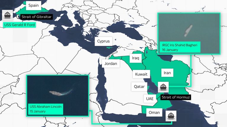 Ship tracking of the USS Abraham Lincoln and the IRIS Shahid Bagheri. Credit - EU Sentinel, Copernicus