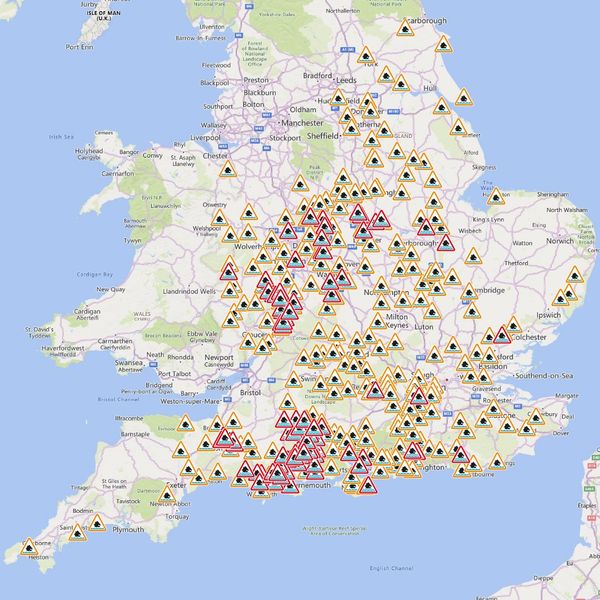 A map of flood warnings (in red) and alerts (in orange) for 7 February, 2026. Pic: Environment Agency
