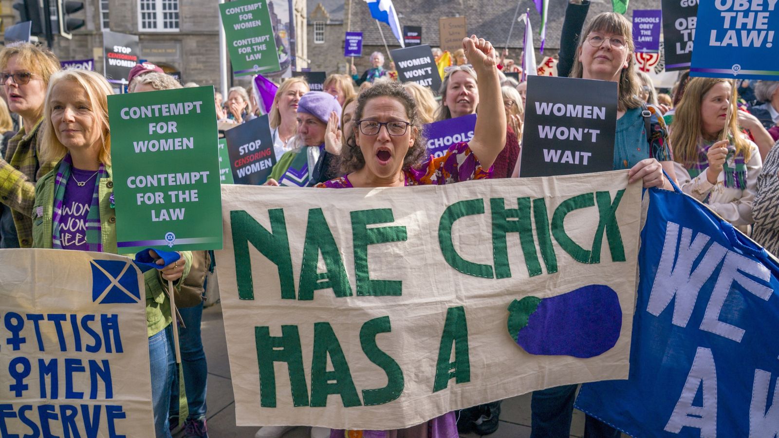 Campaigners from For Women Scotland outside the Scottish parliament in September. Pic: PA