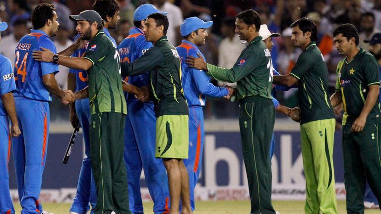 India and Pakistan players shake hands in 2011. Pic: AP