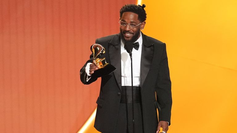 Kendrick Lamar accepts the award for best rap album for GNX. Pic: AP/Chris Pizzello