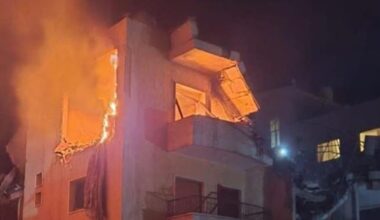 A burning building in the Bekaa Valley after the Israeli strikes. Pic: Al-Manar TV