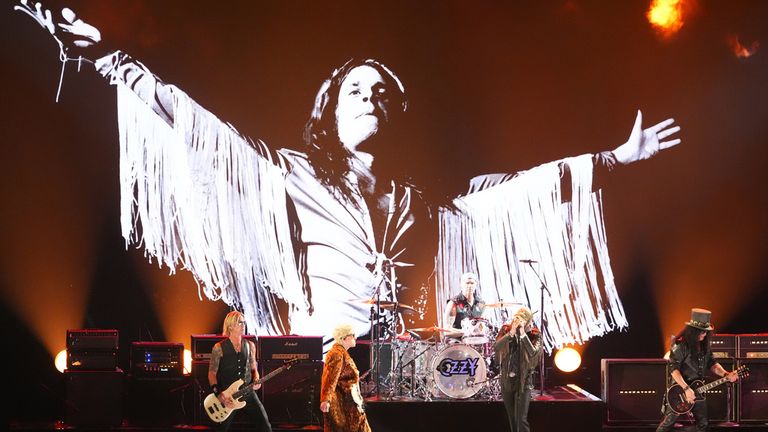 Duff McKagan, Andrew Watt, Chad Smith, Post Malone and Slash perform War Pigs in a Grammys tribute to Ozzy Osbourne. Pic: AP/Chris Pizzello