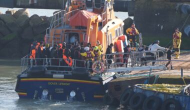 Migrants are brought ashore in Ramsgate, Kent, from the RNLI Dover lifeboat. Pic: PA