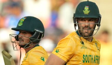 South Africa's captain Aiden Markram, right, and batting partner Quinton de Kock run between the wickets during the T20 World Cup cricket match between South Africa and West Indies in Ahmedabad, India, Thursday, Feb. 26, 2026. (AP Photo/Ajit Solanki)