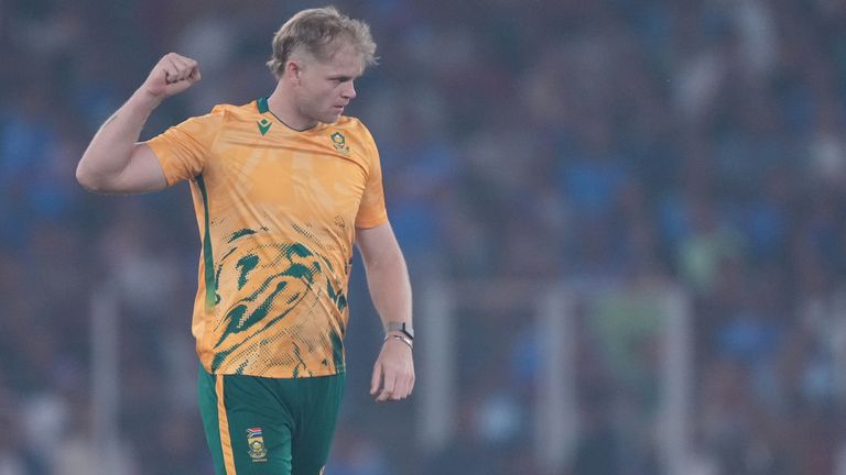 South Africa's Corbin Bosch celebrates the dismissal of India's captain Suryakumar Yadav during the fifth T20 cricket match between India an