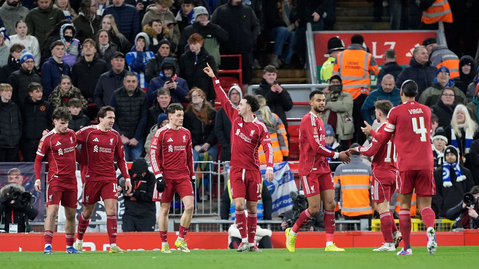 Liverpool's Curtis Jones celebrates scoring their side's first goal of the game during the Emirates FA Cup fourth round match at Anfield, Liverpool. Picture date: Saturday February 14, 2026. PA Photo. Photo credit should read: Peter Byrne/PA Wire...RESTRICTIONS: EDITORIAL USE ONLY No use with unauthorised audio, video, data, fixture lists, club/league logos or "live" services. Online in-match use limited to 120 images, no video emulation. No use in betting, games or single club/league/player publications.
