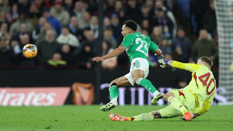 Marco Bizot fouls Newcastle's Jacob Murphy resulting in a red card for the Aston Villa goalkeeper