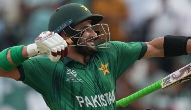 Pakistan's Sahibzada Farhan celebrates his century during the T20 World Cup cricket match between Namibia and Pakistan in Colombo, Sri Lanka, Wednesday, Feb. 18, 2026. (AP Photo/Eranga Jayawardena)