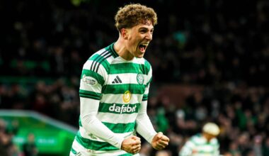 Arne Engels celebrates after doubling Celtic's lead against Dundee United