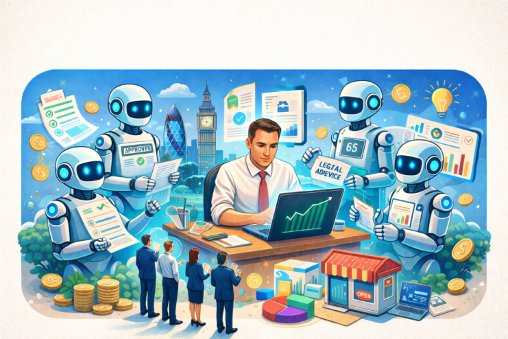 Small business owner utilizing AI technology on a laptop to enhance operations and improve efficiency in a modern office s...