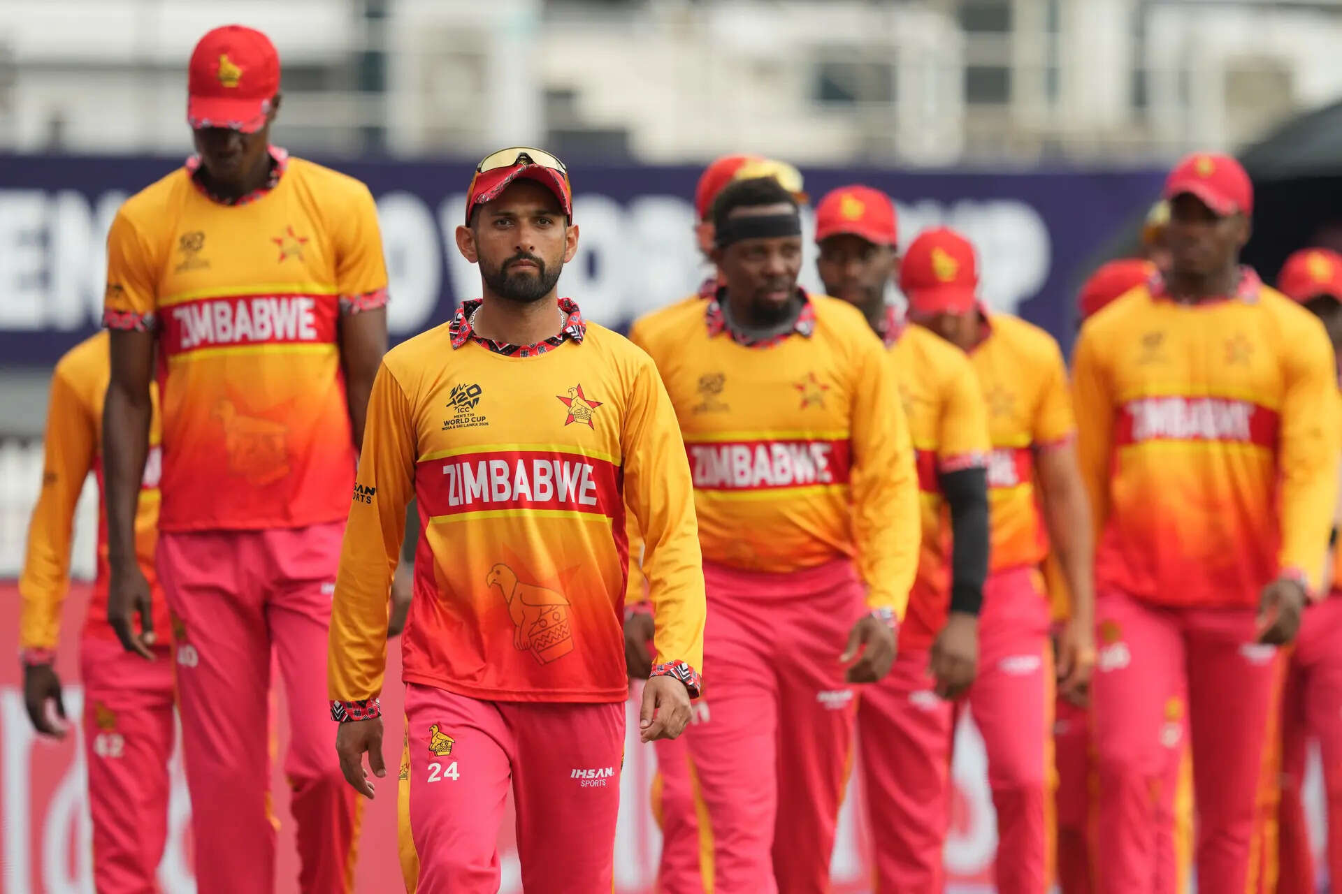 Zimbabwe's captain Sikandar Raza leads his team onto the field during the T20 World Cup cricket match against Sri Lanka in Colombo. (AP) Sri Lanka Zimbabwe T20 WCup Cricket