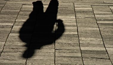 A clear shadow of a person standing on a stone-tiled pavement, with sunlight casting the silhouette sharply onto the ground.