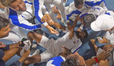 Dhakshineswar Suresh is congratulated by his teammates after securing a famous Davis Cup win for India.