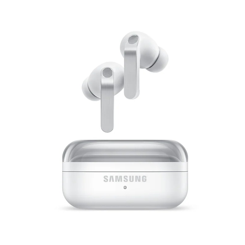 Samsung Galaxy Buds 4 Pro in white with the buds and charging case