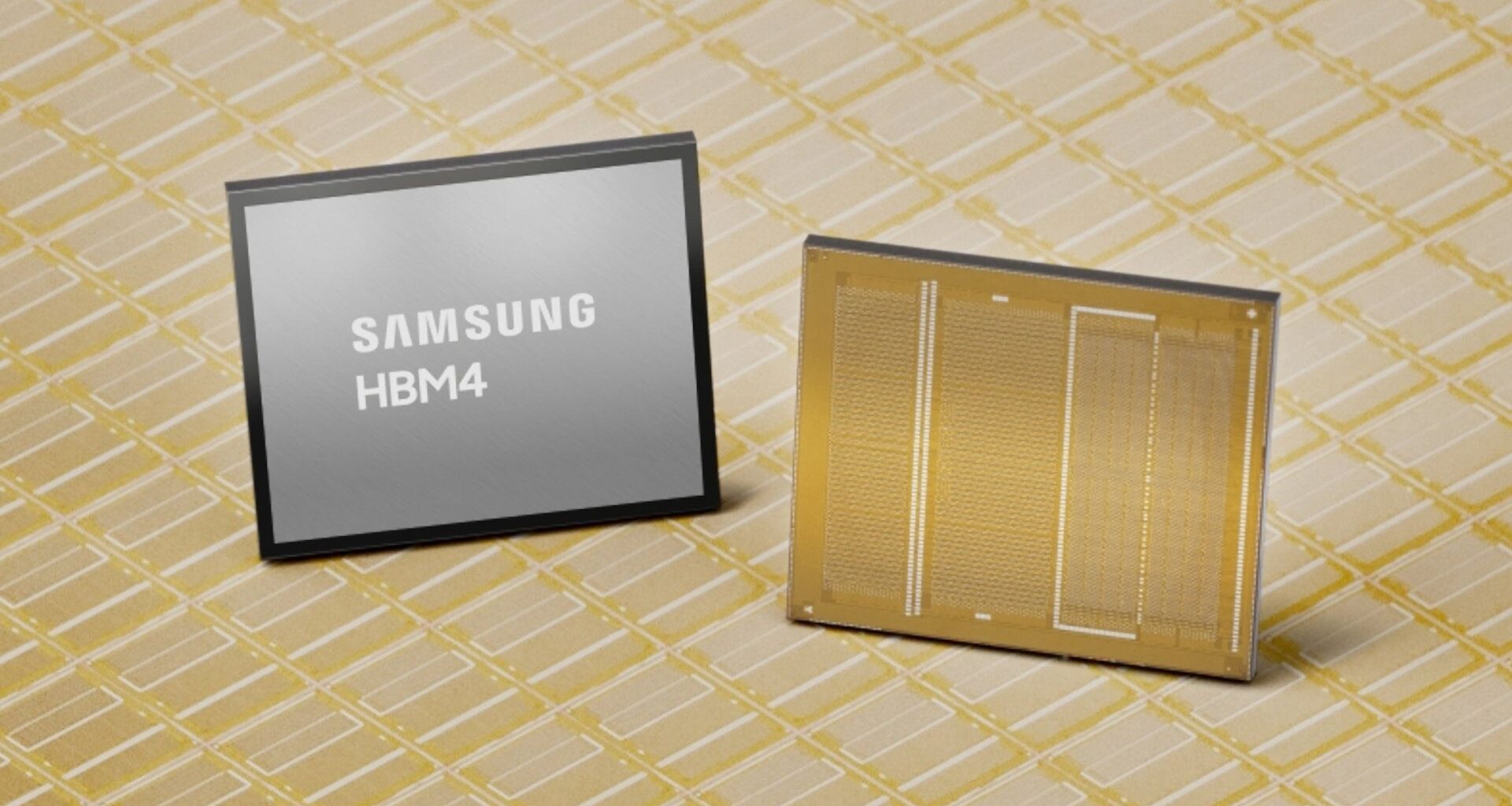 A promotional image of Samsung's HBM4, showing a generic module and a stylized die shot