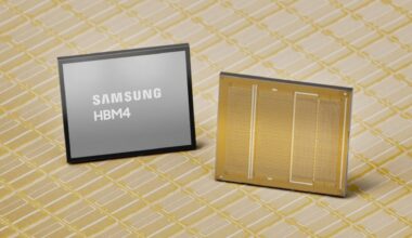 A promotional image of Samsung's HBM4, showing a generic module and a stylized die shot