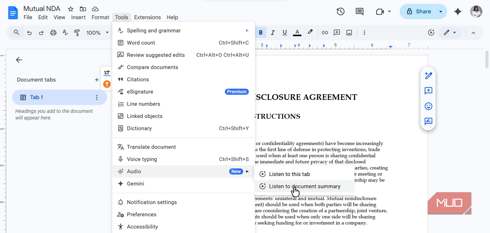 The Listen to document summary option under Audio under the Tools bar in Google Docs.