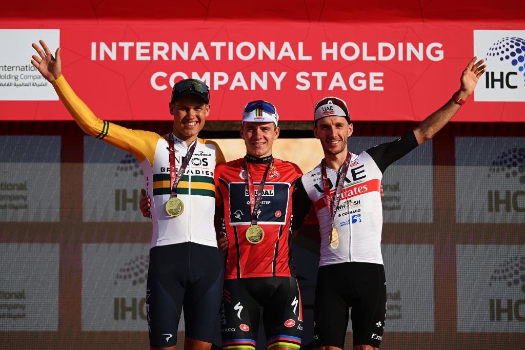 2023 UAE Tour: Remco Evenepoel (centre) celebrates overall victory