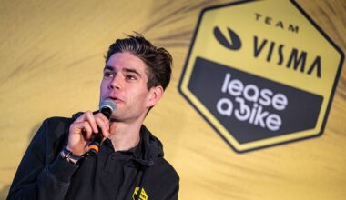 Belgian Wout van Aert pictured during the team presentation of the Team Visma-Lease a Bike cycling team in Alicante, Spain, Tuesday 13 January 2026. BELGA PHOTO DAVID PINTENS (Photo by DAVID PINTENS / BELGA MAG / Belga via AFP)