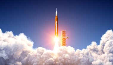 A rocket shoots into the sky.