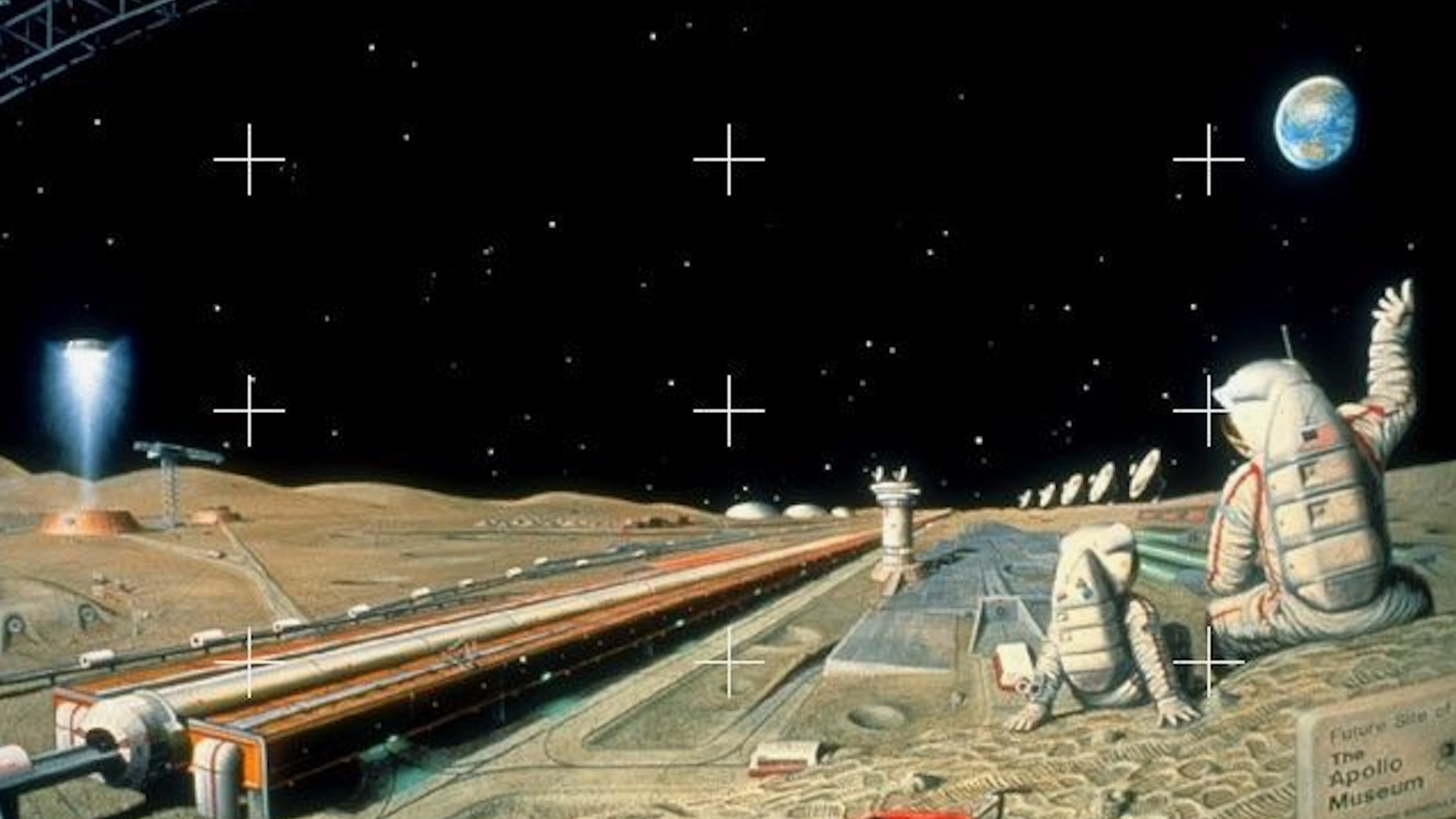 painting of two astronauts in white spacesuits on the moon next to a long, railroad-track-like structure with earth in the background