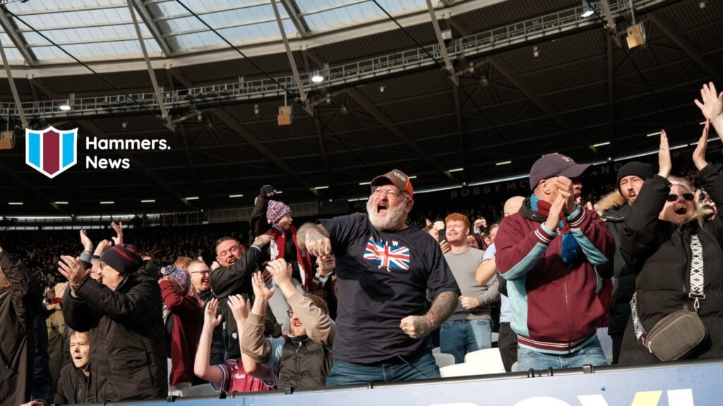West Ham fans celebrate their team scoring a goal against Sunderland in the Premier League. A 'Hammers News' logo has been added.