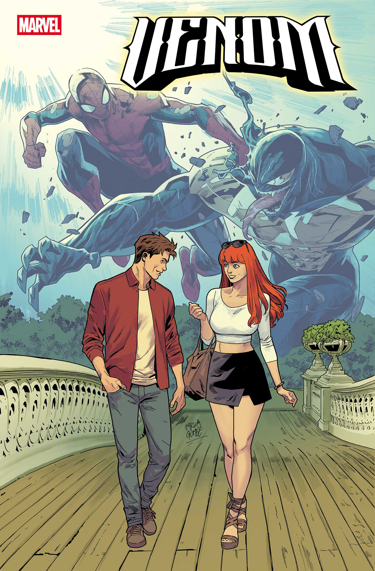 Peter Parker and Mary Jane Watson walking together with an image of Spider-Man fighting Venom in the background