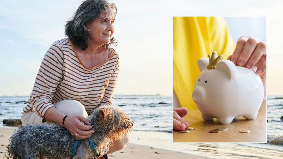 Woman on beach and piggy bank