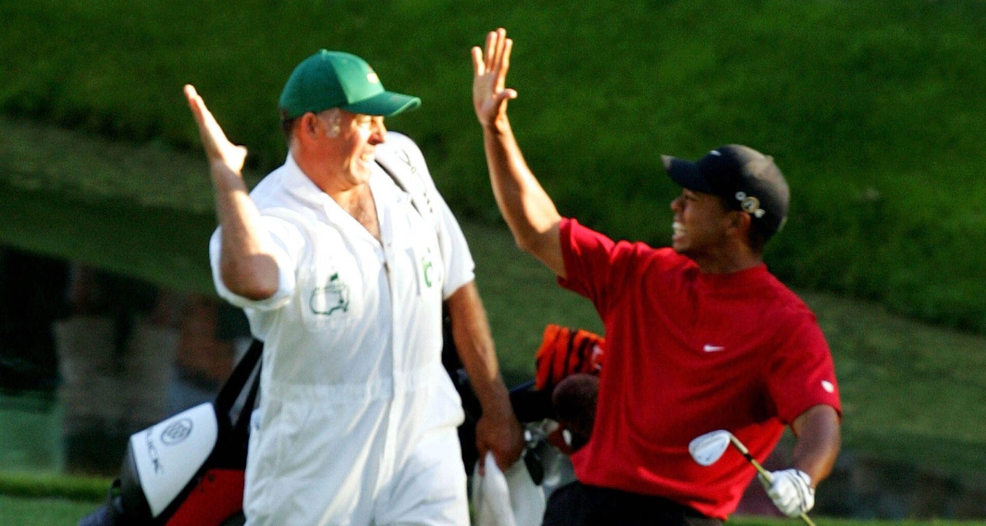Tiger Woods after chipping in at the 2005 Masters
