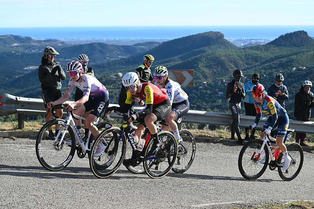 VALENCIA, SPAIN - FEBRUARY 08: (L-R) Maeva Squiban of France and UAE Team ADQ, Julie Bego of France and Team Cofidis Women, Liane Lippert of Germany and Team Movistar and Anna Henderson of Great Britain and Team Lidl-Trek compete in the breakaway during the 8th VCV Feminas Gran Premio Tuawa 2026 a 94.7km one day race from Betera to Valencia on February 08, 2026 in Valencia, Spain. (Photo by Szymon Gruchalski/Getty Images)