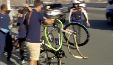 Fabio Jakobsen's tyre and insert blown clean off his 'mini-hook' rims in UAE Tour crash