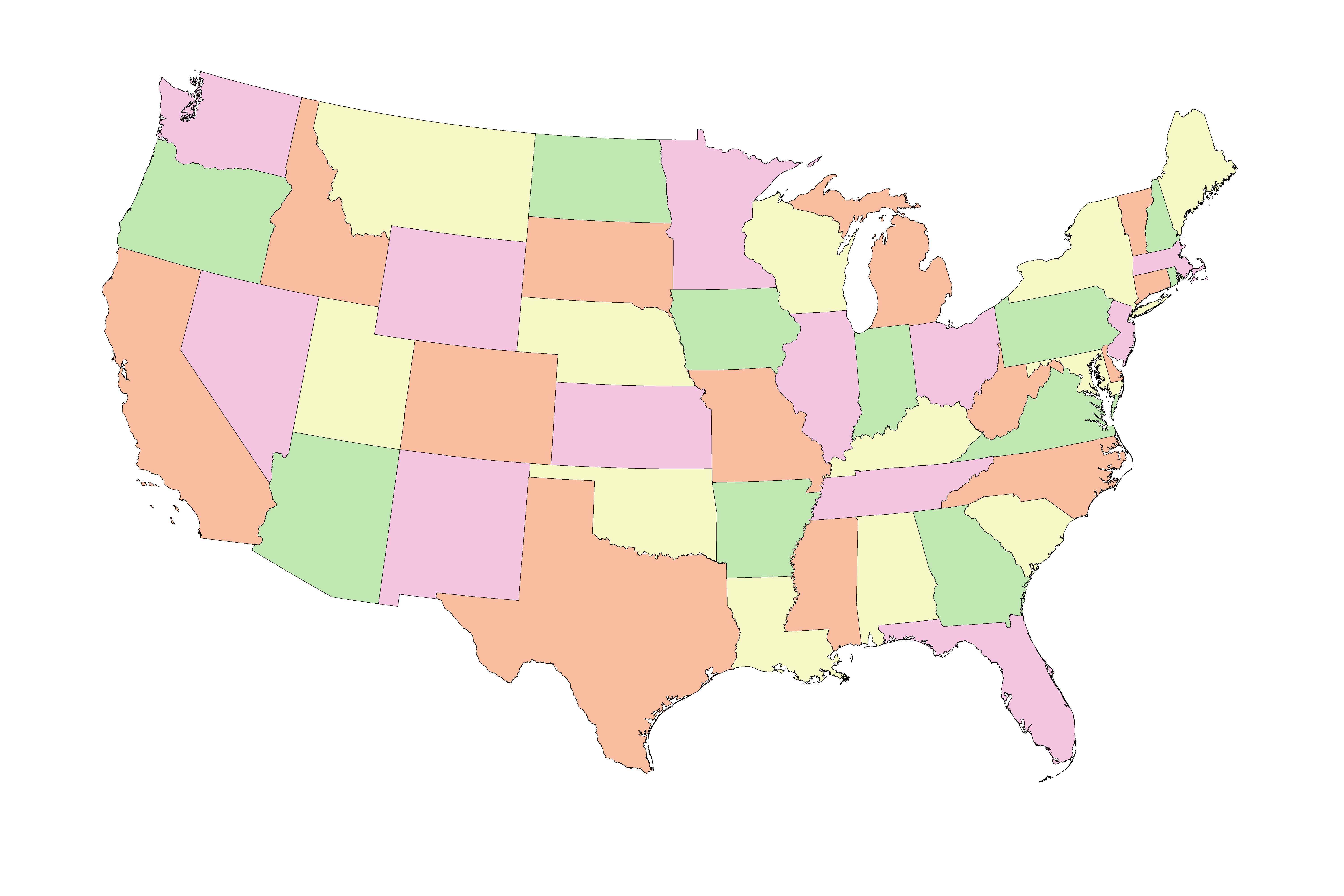 A map of the continental US with each state having one of four colors: orange, pink, green and yellow