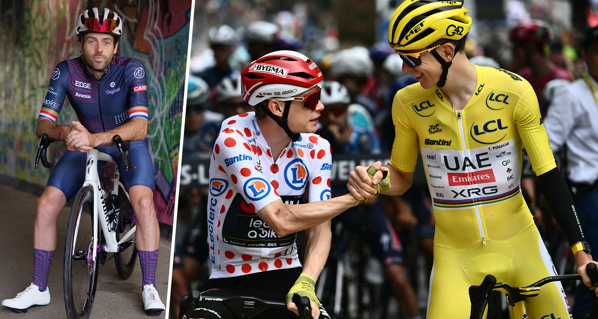 Team Visma - Lease a bike team's Danish rider Jonas Vingegaard wearing the best climber's polka dot (dotted) jersey shakes hands with UAE Team Emirates - XRG team's Slovenian rider Tadej Pogacar wearing the overall leader's yellow jersey await the start of the 21st and final stage of the 112th edition of the Tour de France cycling race, 132.3 km between Mantes-la-Ville and Paris Champs-Elysees Avenue, on July 27, 2025. (Photo by Marco BERTORELLO / AFP) (Photo by MARCO BERTORELLO/AFP via Getty Images)