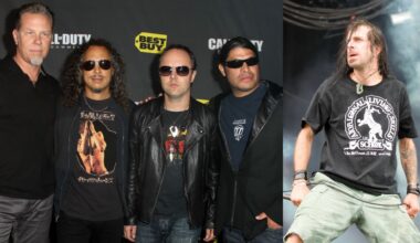Metallica on a red carpet next to Randy Blythe on stage