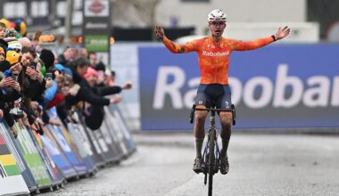 HULST, NETHERLANDS - FEBRUARY 01: Delano Heeren of Netherlands celebrates at finish line as race winner during 77th UCI Cyclo-Cross World Championships 2026 - Men&amp;apos;s Junior / #UCIWT / on February 01, 2026 in Hulst, Netherlands. (Photo by Luc Claessen/Getty Images)