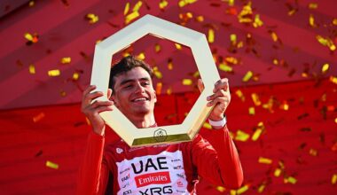 ABU DHABI, UNITED ARAB EMIRATES - FEBRUARY 22: Isaac Del Toro of Mexico and UAE Team Emirates - XRG celebrates at podium as Red Leader Jersey winner during the 8th UAE Tour 2026, Stage 7 a 149km stage from Zayed National Museum to Abu Dhabi Breakwater / #UCIWT / on February 22, 2026 in Abu Dhabi, United Arab Emirates. (Photo by Tim de Waele/Getty Images)