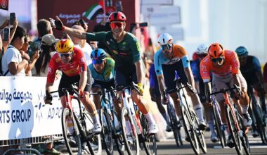 ABU DHABI, UNITED ARAB EMIRATES - FEBRUARY 22: Jonathan Milan of Italy and Team Lidl - Trek - Green Points Jersey celebrates at finish line as stage winner (C) ahead of Erlend Blikra of Norway and Team Uno-X Mobility (L) and Sam Welsford of Australia and Team INEOS Grenadiers (R) during the 8th UAE Tour 2026, Stage 7 a 149km stage from Zayed National Museum to Abu Dhabi Breakwater / #UCIWT / on February 22, 2026 in Abu Dhabi, United Arab Emirates. (Photo by Tim de Waele/Getty Images)