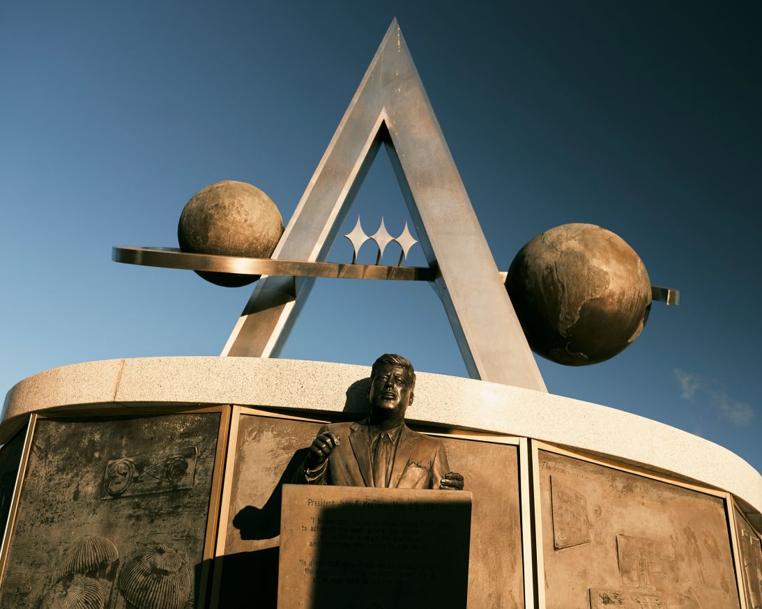 A statue of John F. Kennedy helms the Apollo monument at the American Space Walk of Fame in Titusville, Florida.