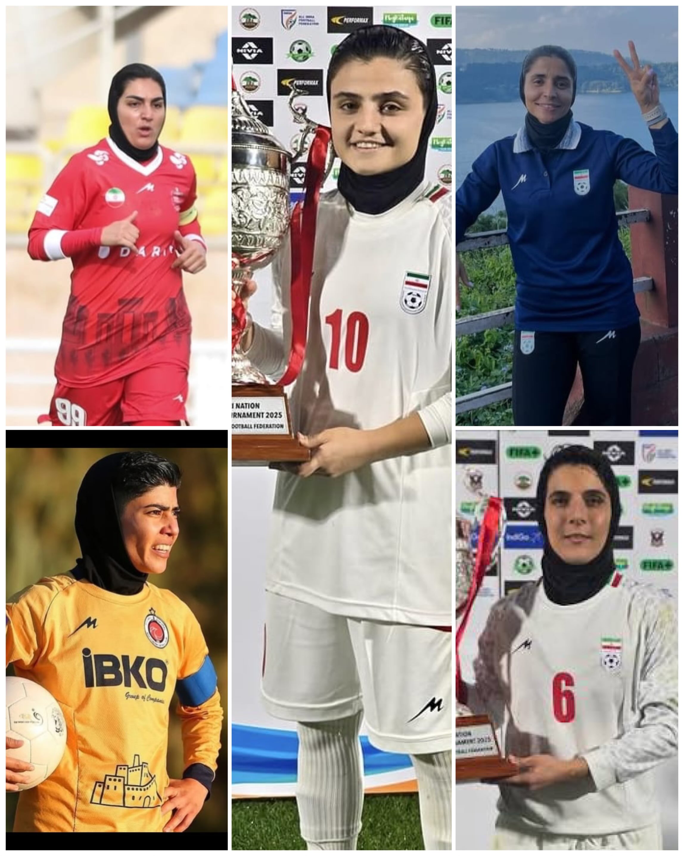 Collage of five female Iranian national football players in their uniforms.