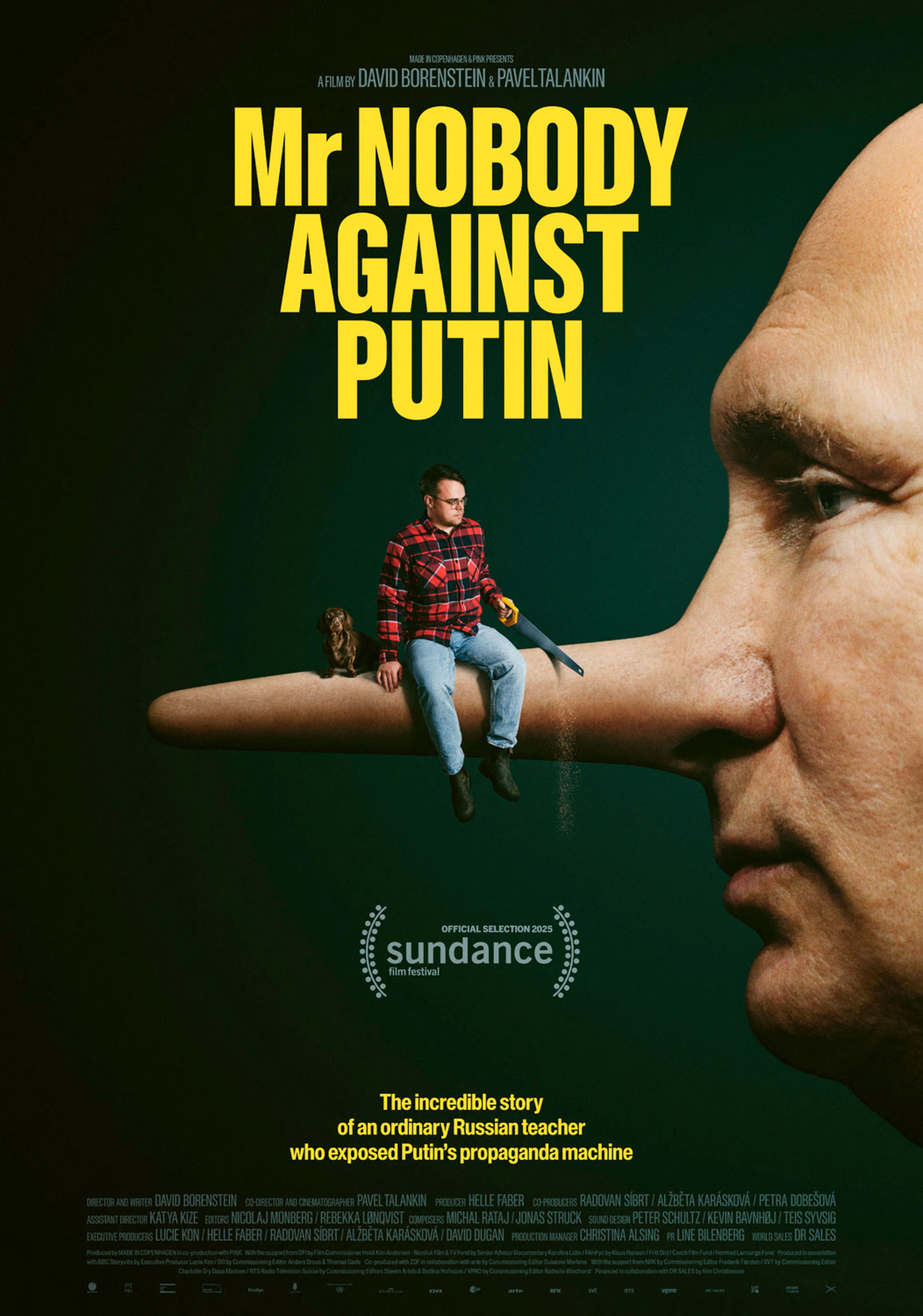Illustration for the documentary "Mr. Nobody Against Putin" showing a man sawing off a large nose with a dog next to him.
