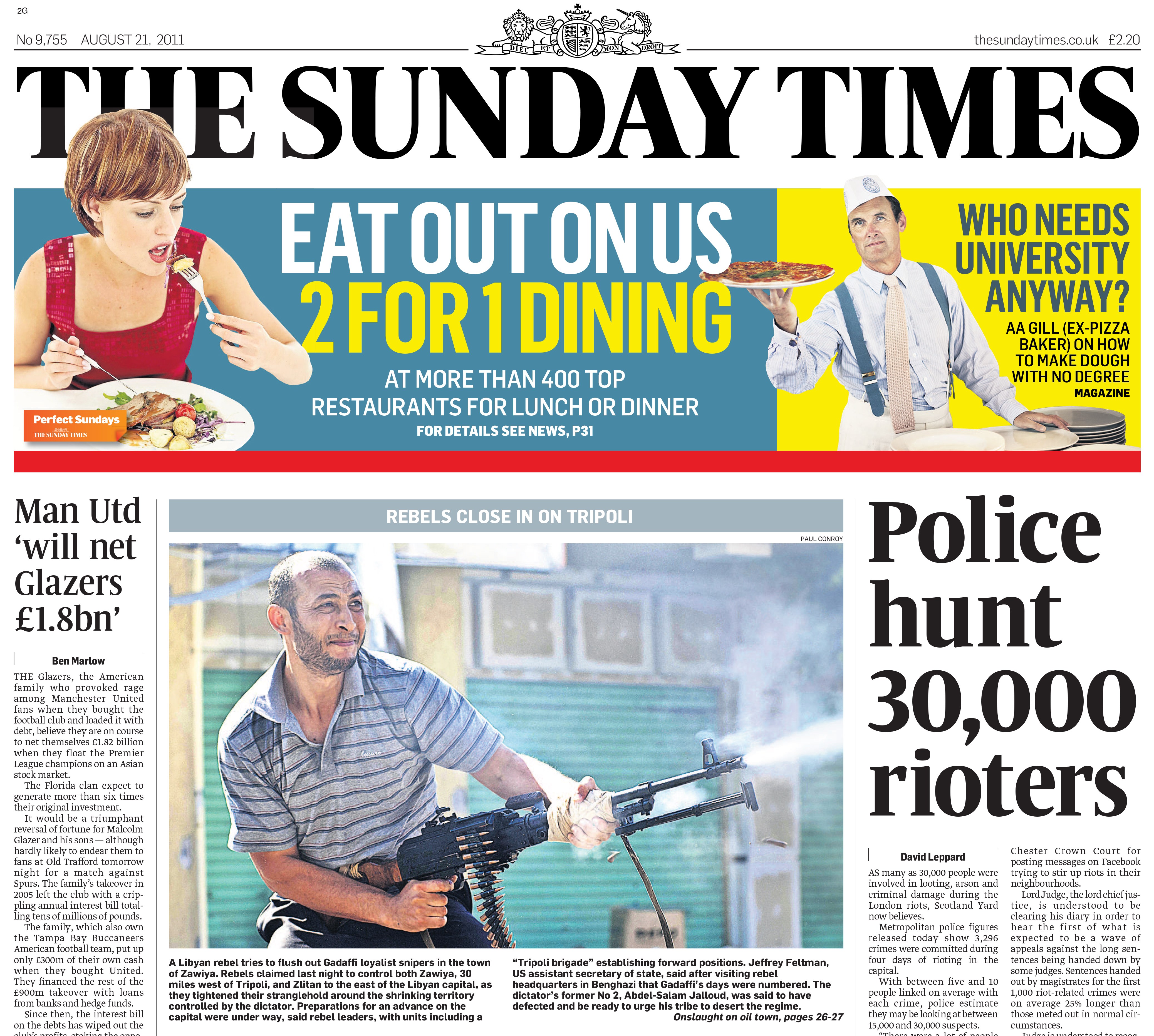 A photo collage of the August 21, 2011, edition of The Sunday Times newspaper, featuring a front-page article on Paul Conroy's photos.