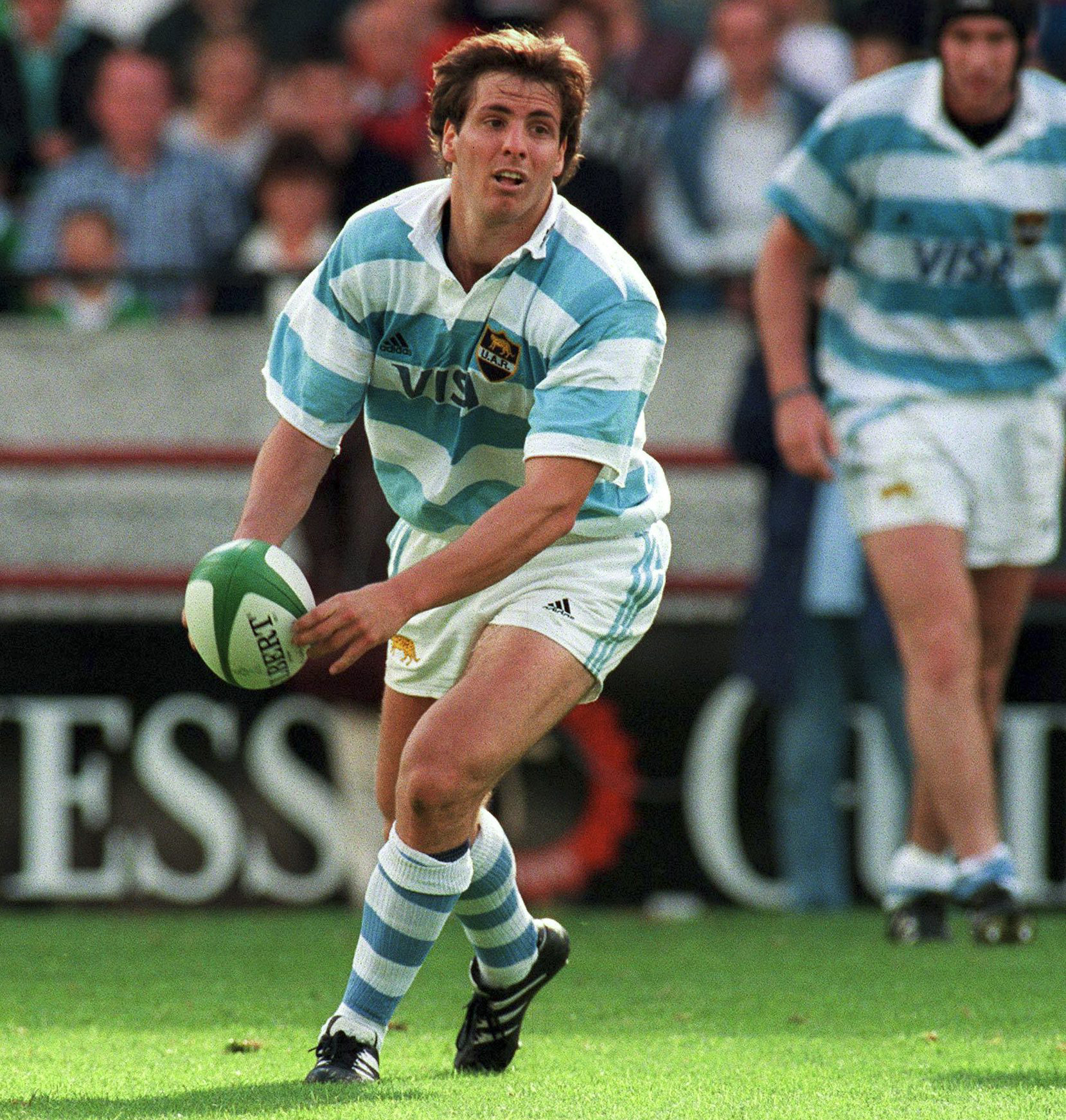 Gonzalo Quesada of Argentina holding a rugby ball during a match.