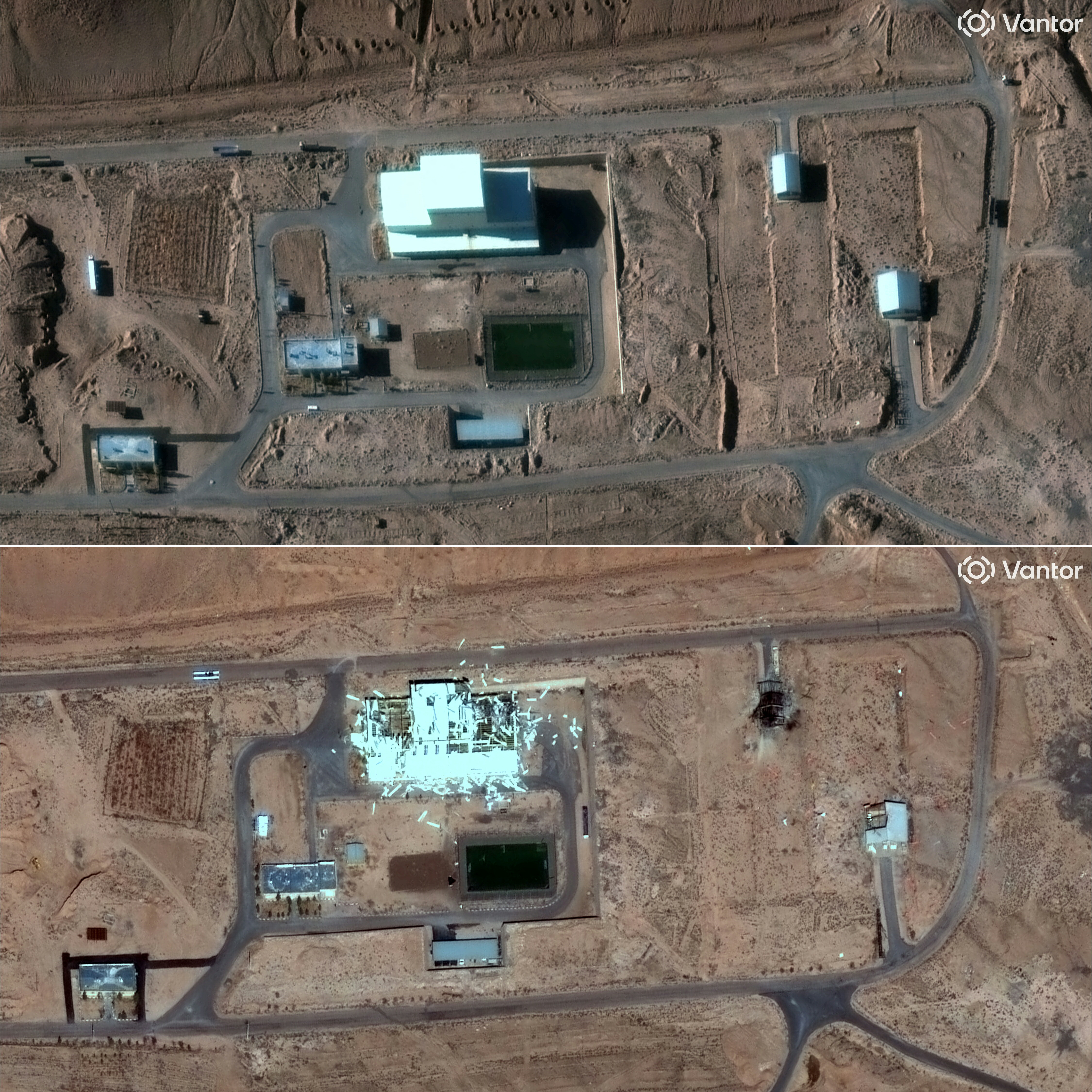 Before and after images of Kerman air base, about 800 km southeast of Tehran