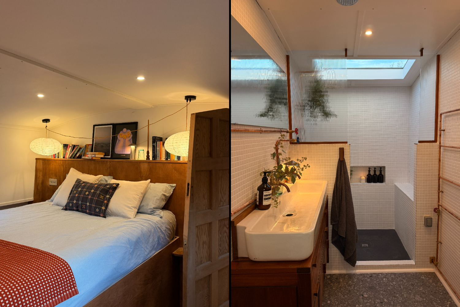 A collage showing a bedroom with a bed with a wooden headboard, and a modern bathroom with a rectangular sink and a tiled shower.