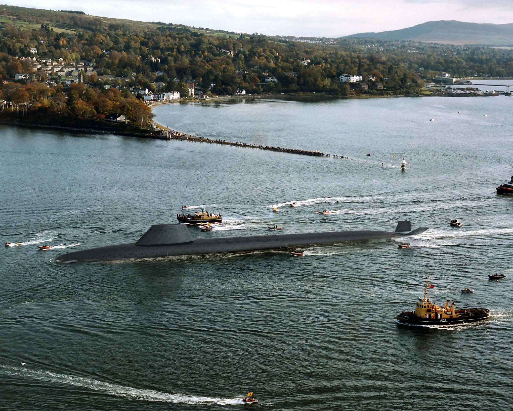 CGI illustration of the HMS Dreadnaught ballistic missile submarine in a bay.
