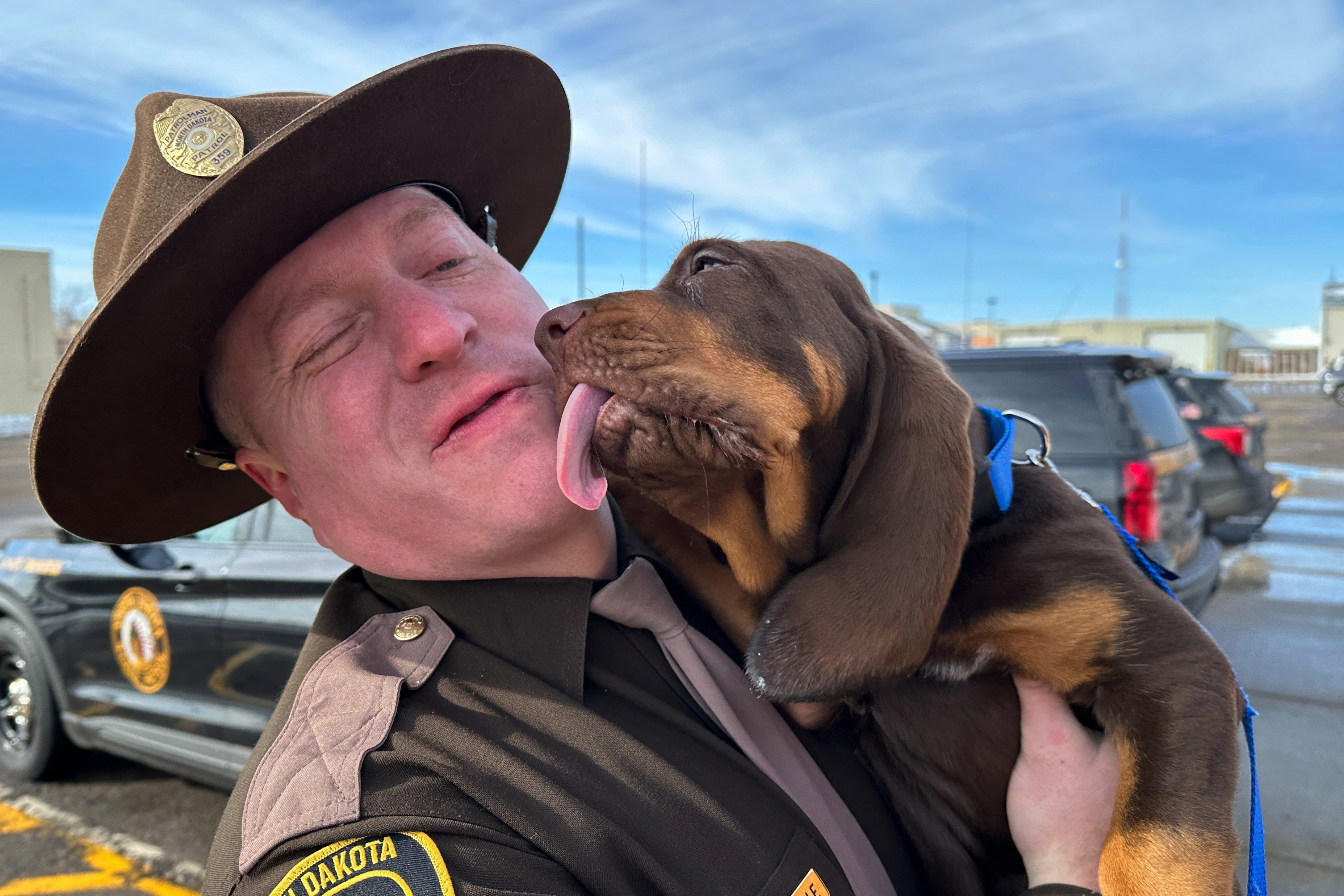 Beau the bloodhound puppy licks the face of his handler, North Dakota Highway Patrol Trooper Dustin Pattengale.