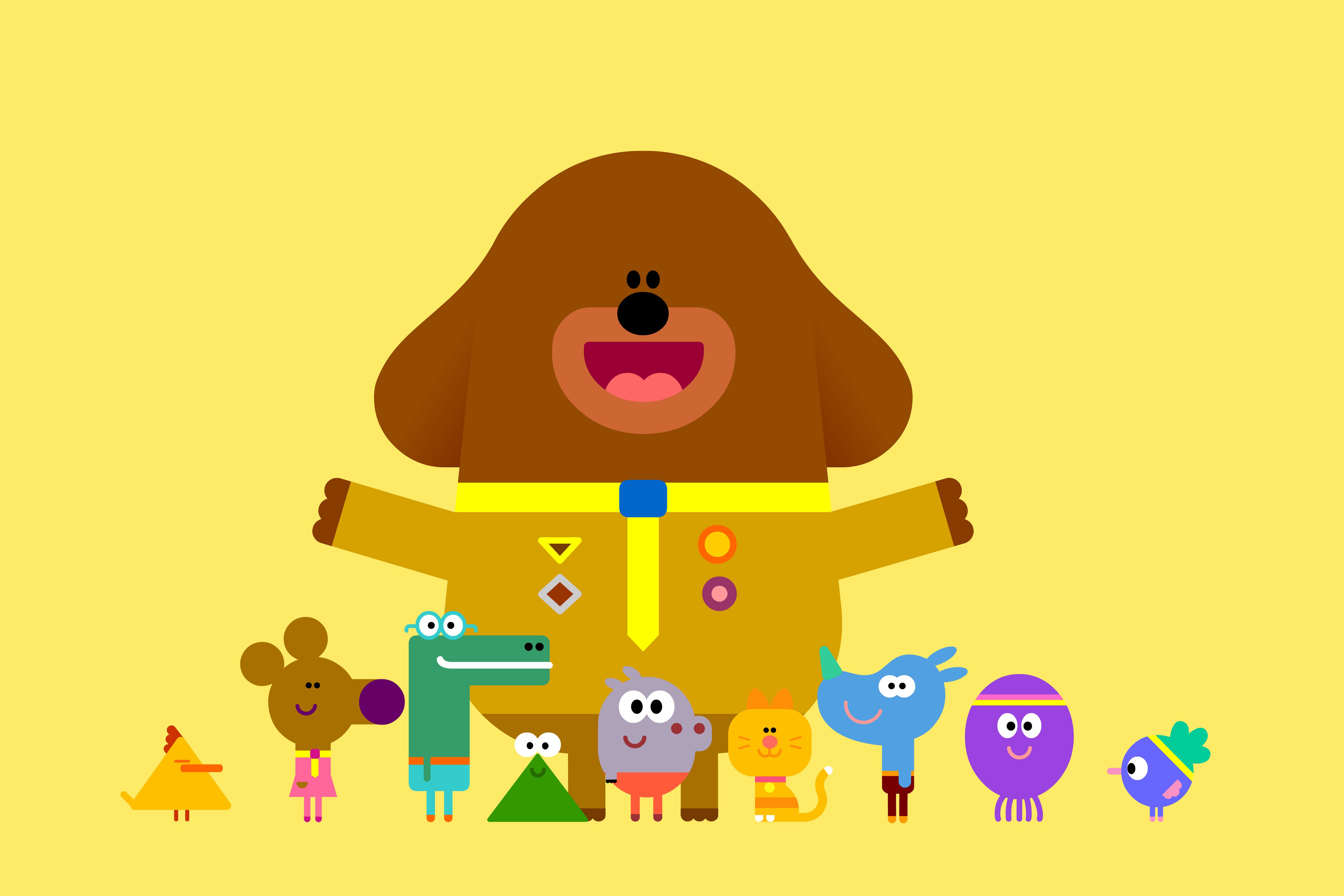 Illustration of Hey Duggee and the Squirrels on a yellow background.